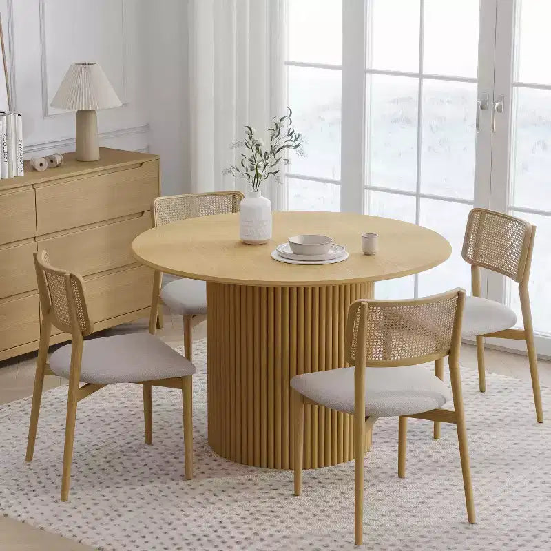 Table de salle à manger ronde en chêne massif de 46" - Pieds en rotin, 4 places