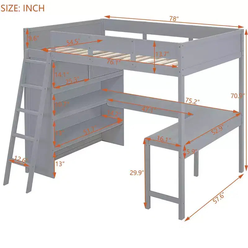 Lit mezzanine pleine grandeur avec bureau et étagère - Pin massif, capacité de 181 kg