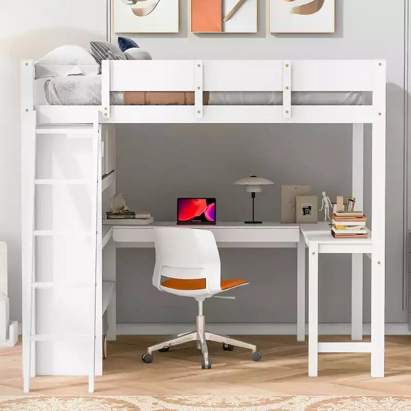 Lit mezzanine pleine grandeur avec bureau et étagère - Pin massif, capacité de 181 kg