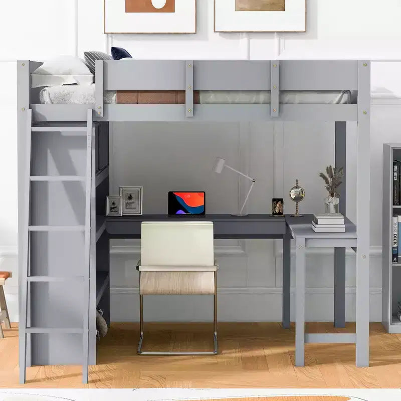 Lit mezzanine pleine grandeur avec bureau et étagère - Pin massif, capacité de 181 kg