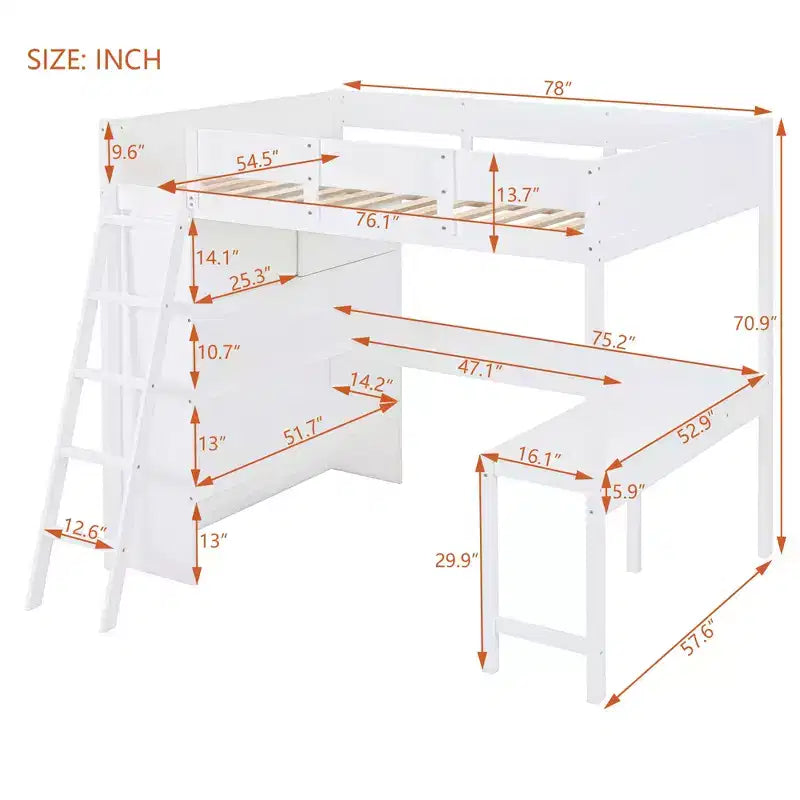 Lit mezzanine pleine grandeur avec bureau et étagère - Pin massif, capacité de 181 kg