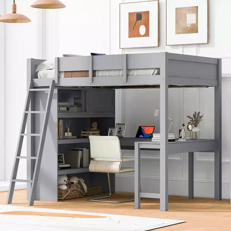 Whisen 78L x 57.6W Morden Design Full Size Loft Bed with Desk and Shelf, Stable and Safety