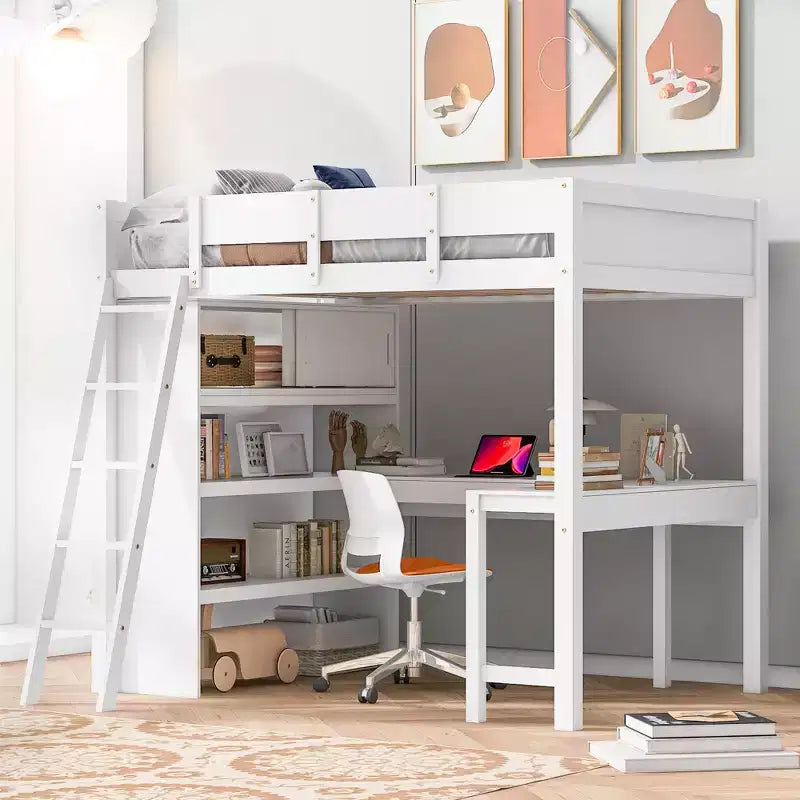 Lit mezzanine pleine grandeur avec bureau et étagère - Pin massif, capacité de 181 kg