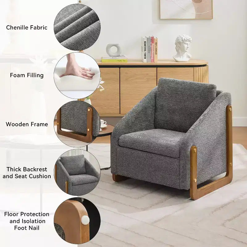 Fauteuil d'appoint en chenille avec cadre en bois et clous décoratifs