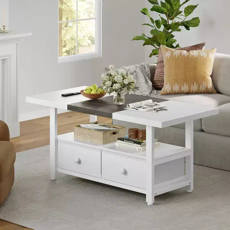 Table basse à 2 niveaux avec étagère de rangement et 2 tiroirs – Blanc, capacité de 136 kg