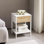 Table d'appoint en rotin 39,9 cm avec tiroir et pieds en métal - Table de chevet blanche
