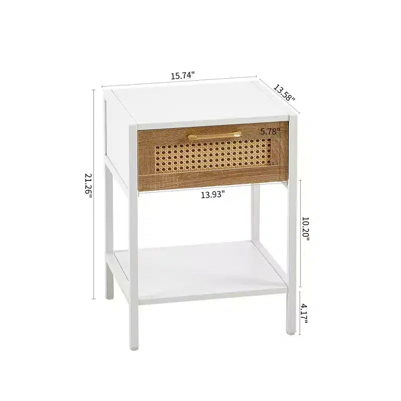 Table d'appoint en rotin 39,9 cm avec tiroir et pieds en métal - Table de chevet blanche