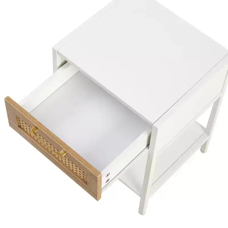 Table d'appoint en rotin 39,9 cm avec tiroir et pieds en métal - Table de chevet blanche