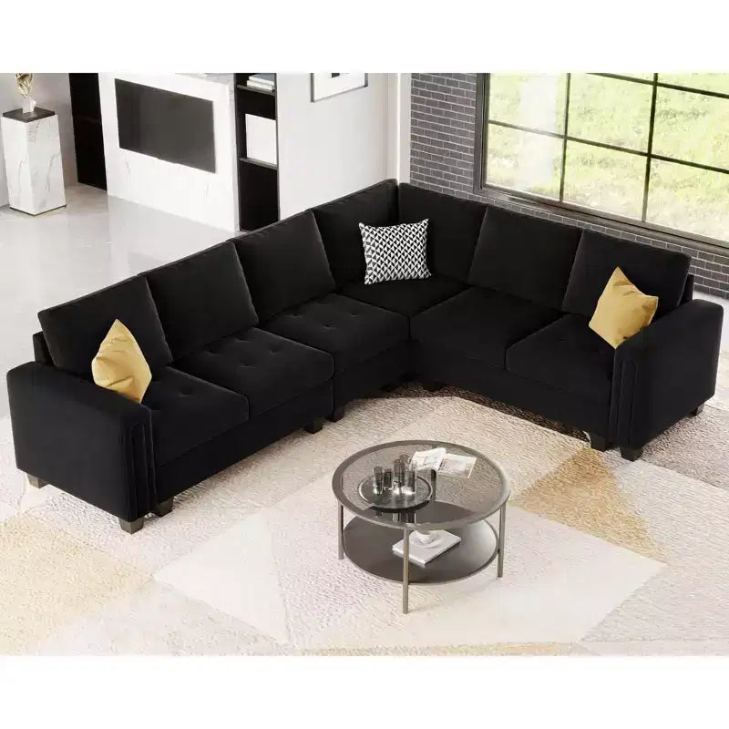 Canapé d'angle modulaire en velours capitonné avec pouf de rangement, 6 places