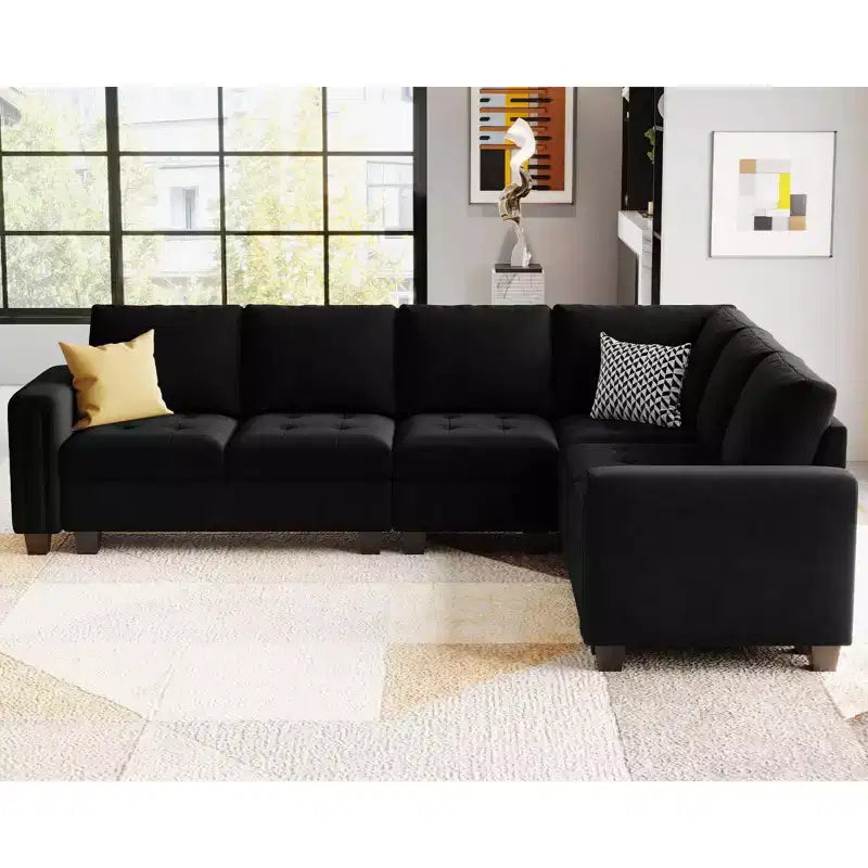 Canapé d'angle modulaire en velours capitonné avec pouf de rangement, 6 places