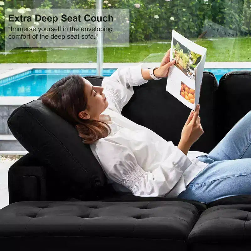 Canapé d'angle modulaire en velours capitonné avec pouf de rangement, 6 places