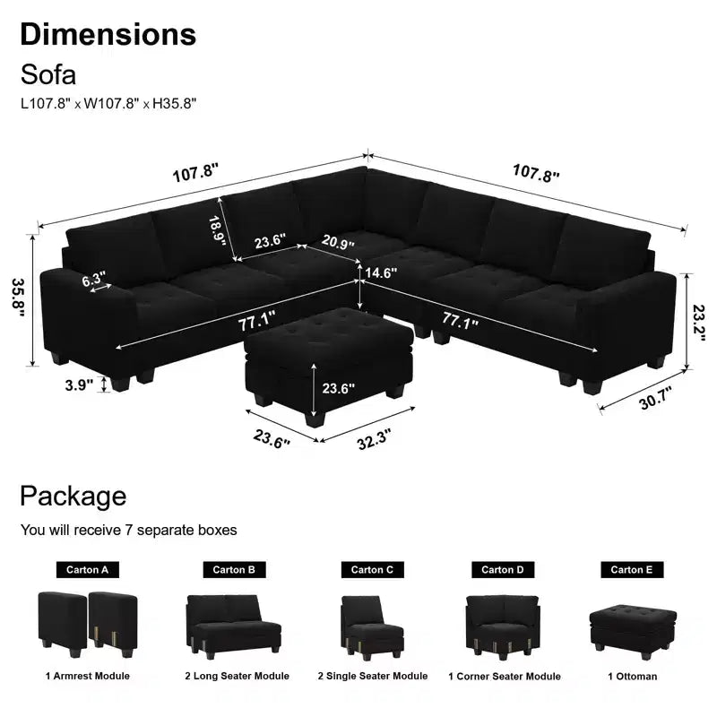 Canapé d'angle modulaire en velours capitonné avec pouf de rangement, 6 places