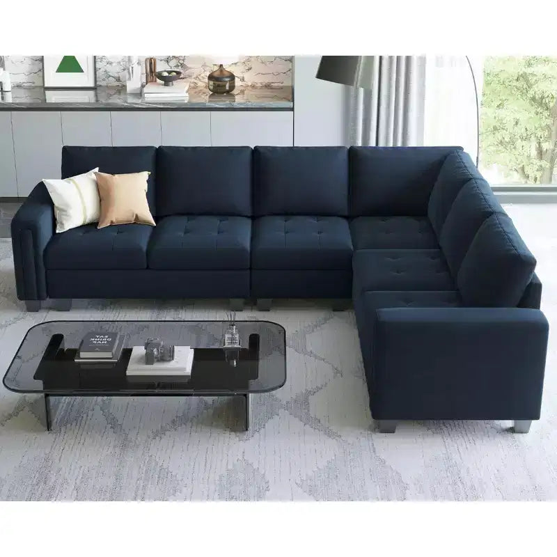 Canapé d'angle modulaire en velours capitonné avec pouf de rangement, 6 places