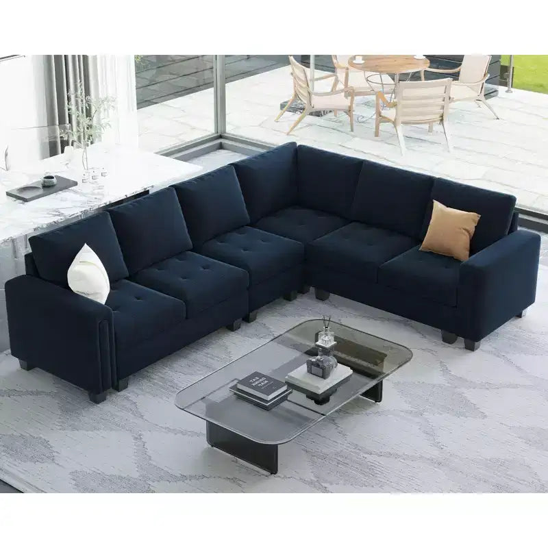 Canapé d'angle modulaire en velours capitonné avec pouf de rangement, 6 places