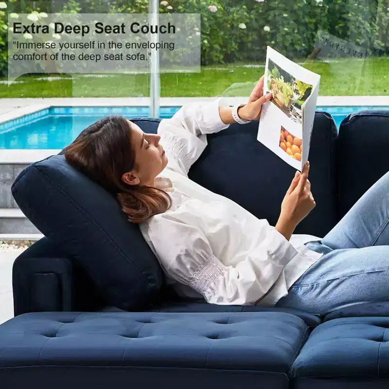 Canapé d'angle modulaire en velours capitonné avec pouf de rangement, 6 places