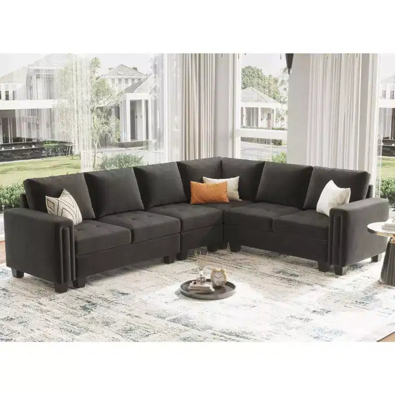 Canapé d'angle modulaire en velours capitonné avec pouf de rangement, 6 places