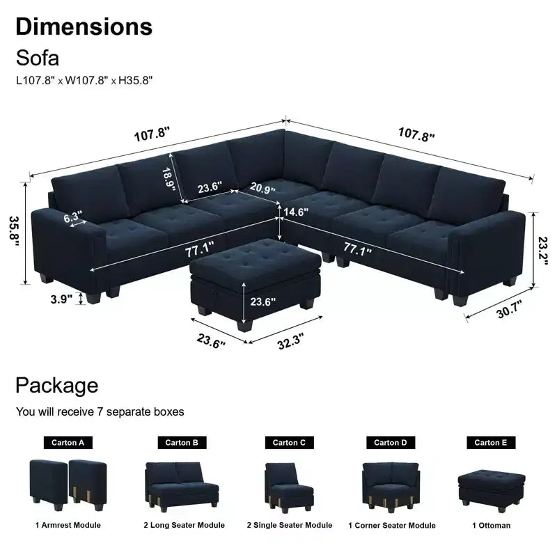 Canapé d'angle modulaire en velours capitonné avec pouf de rangement, 6 places