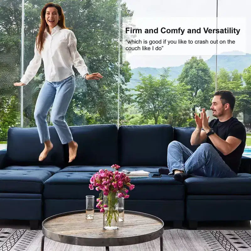 Canapé d'angle modulaire en velours capitonné avec pouf de rangement, 6 places