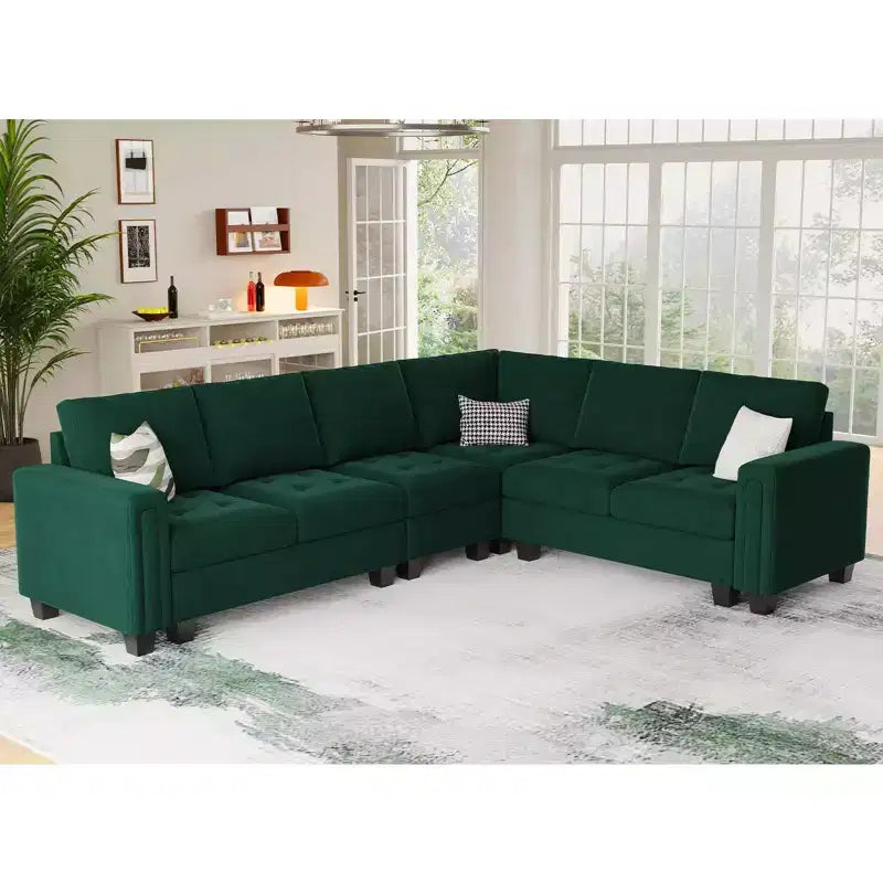 Canapé d'angle modulaire en velours capitonné avec pouf de rangement, 6 places