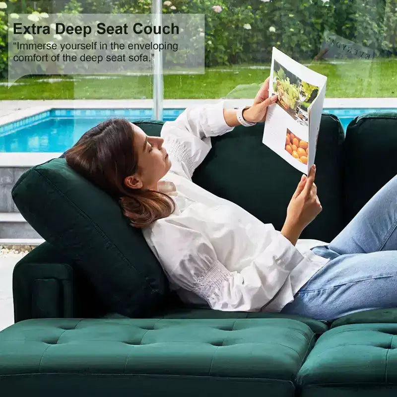 Canapé d'angle modulaire en velours capitonné avec pouf de rangement, 6 places
