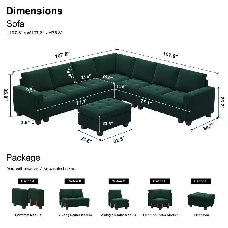 Canapé d'angle modulaire en velours capitonné avec pouf de rangement, 6 places