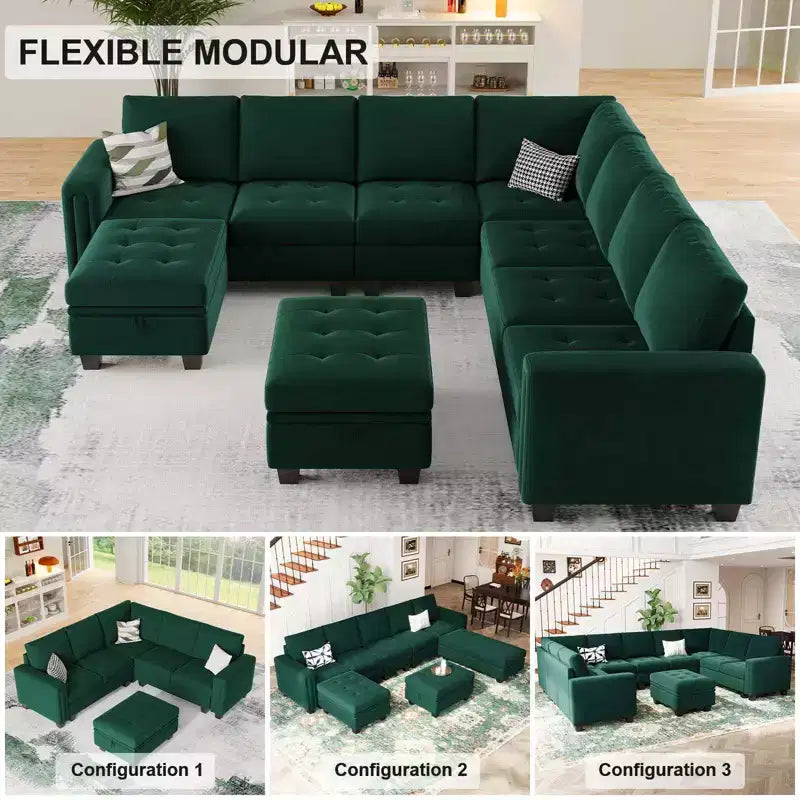 Canapé d'angle modulaire en velours capitonné avec pouf de rangement, 6 places
