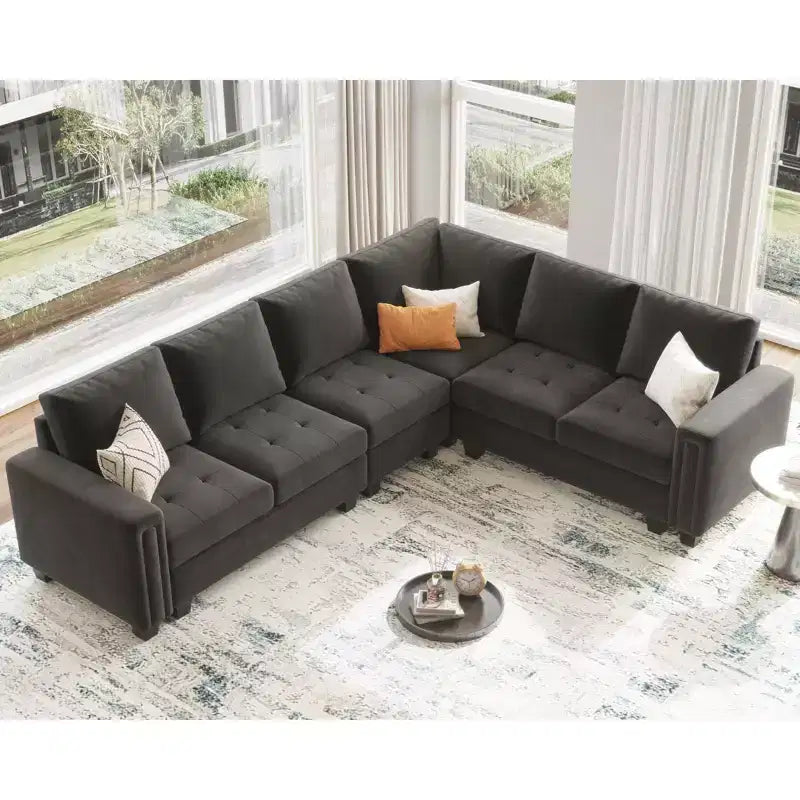 Canapé d'angle modulaire en velours capitonné avec pouf de rangement, 6 places
