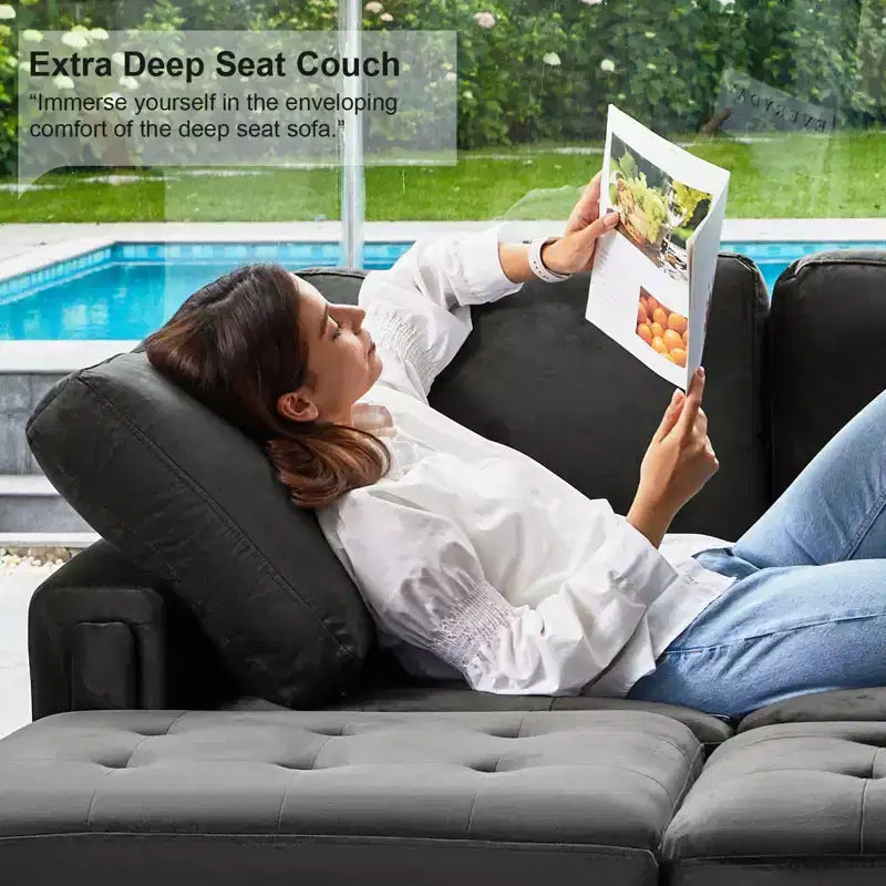 Canapé d'angle modulaire en velours capitonné avec pouf de rangement, 6 places