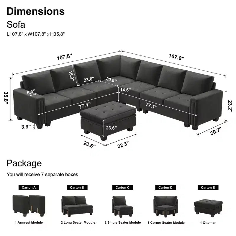 Canapé d'angle modulaire en velours capitonné avec pouf de rangement, 6 places