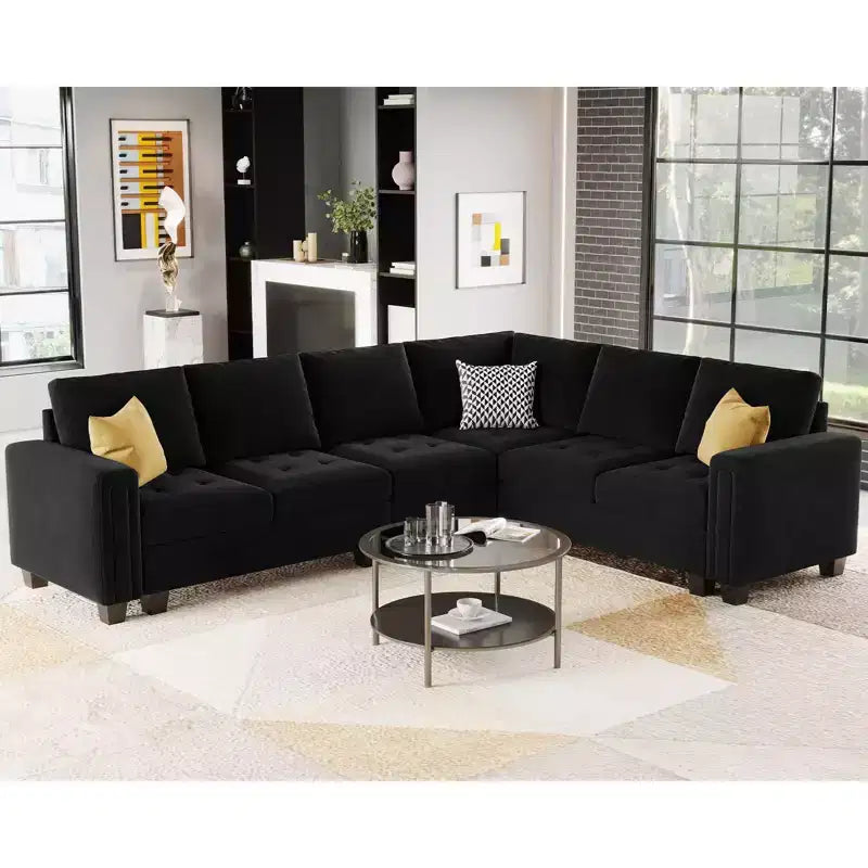 Canapé d'angle modulaire en velours capitonné avec pouf de rangement, 6 places
