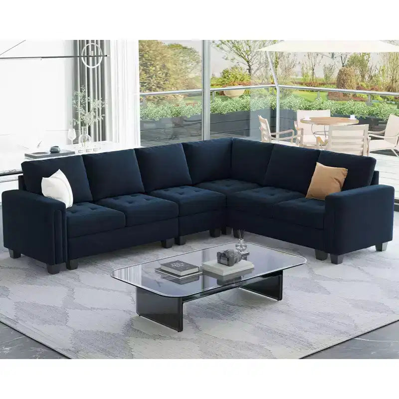 Canapé d'angle modulaire en velours capitonné avec pouf de rangement, 6 places