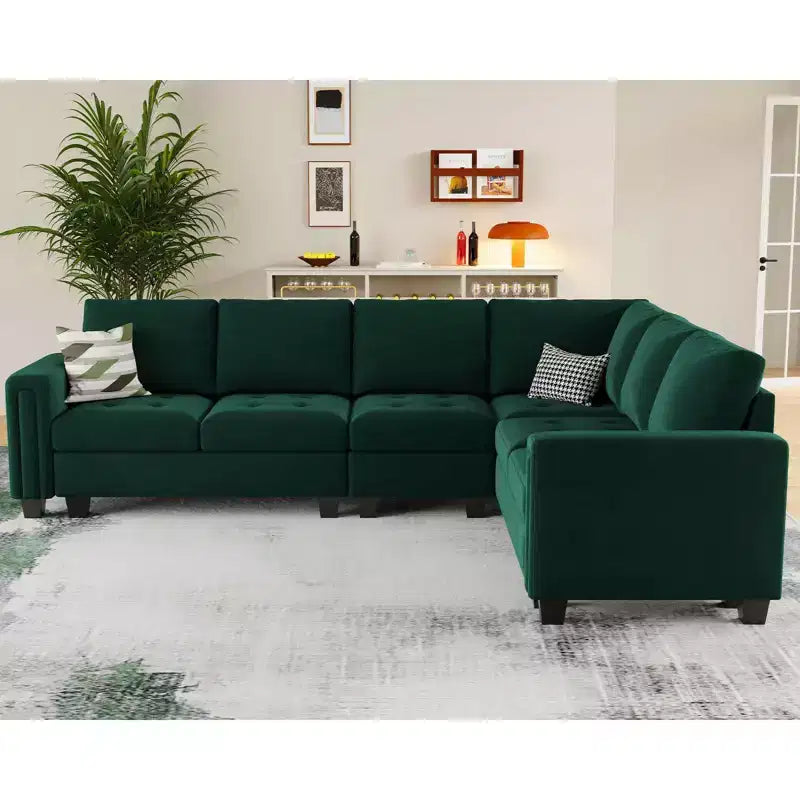 Canapé d'angle modulaire en velours capitonné avec pouf de rangement, 6 places