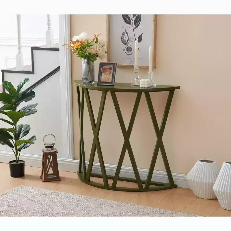 Console demi-lune Vienna avec motif en X – Vert avocat