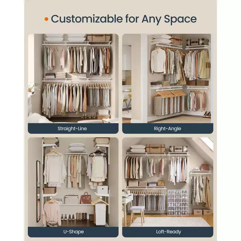 Système de rangement de placard réglable – Unité de rayonnage métallique de 122 à 244 cm avec 6 tringles et 6 étagères, capacité de 187 kg, blanc nuage