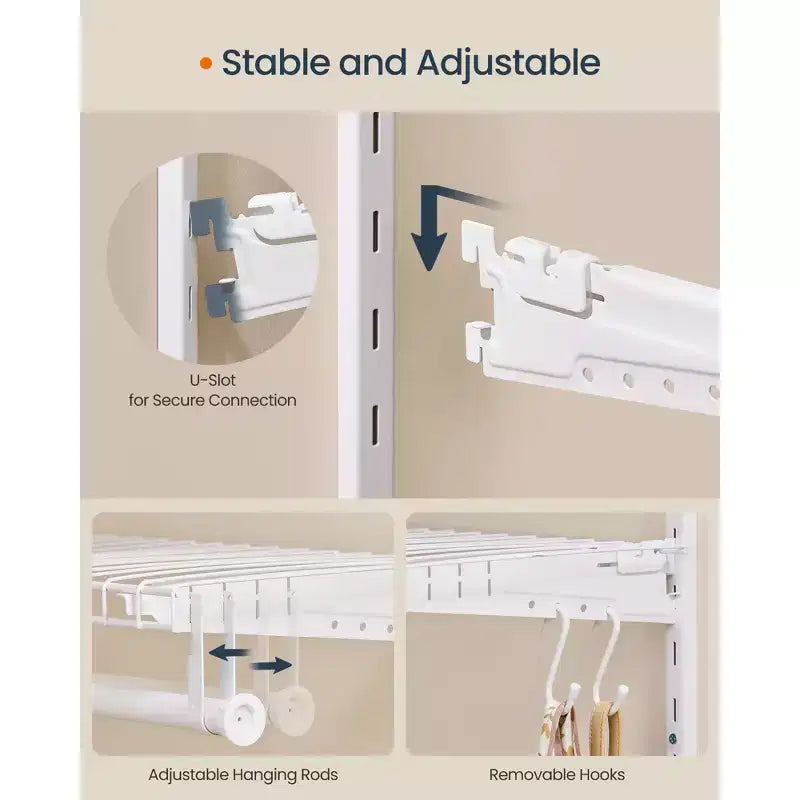 Système de rangement de placard réglable – Unité de rayonnage métallique de 122 à 244 cm avec 6 tringles et 6 étagères, capacité de 187 kg, blanc nuage