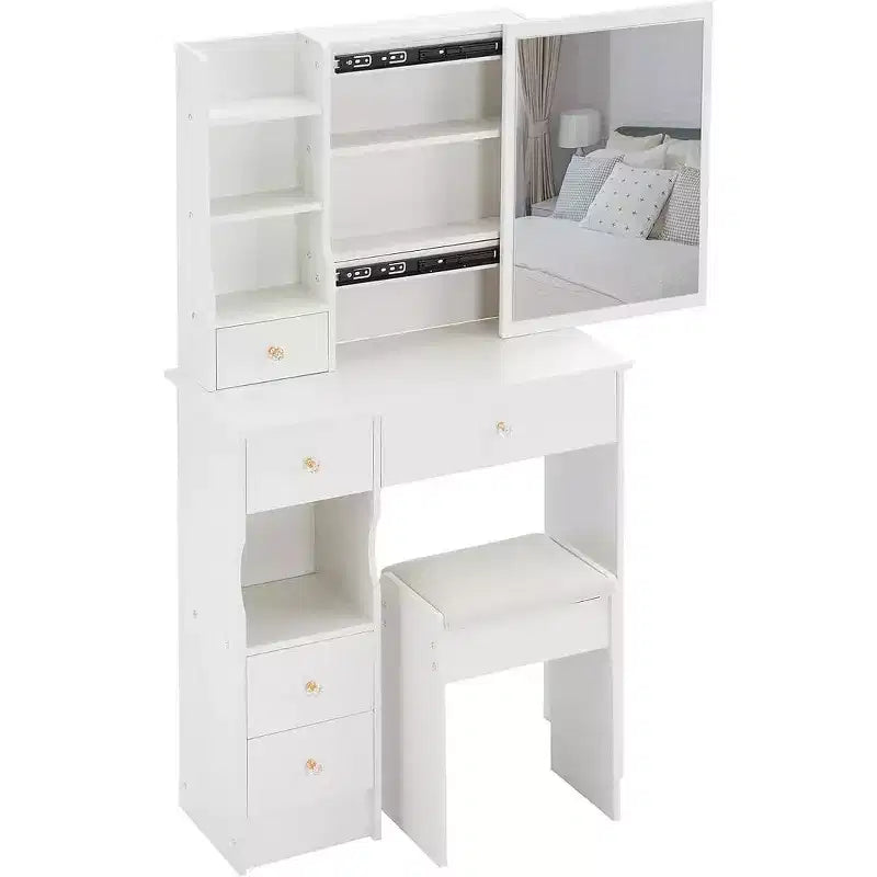 Coiffeuse avec tabouret rembourré, miroir coulissant et rangements multi-niveaux