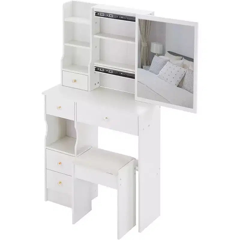 Coiffeuse avec tabouret rembourré, miroir coulissant et rangements multi-niveaux