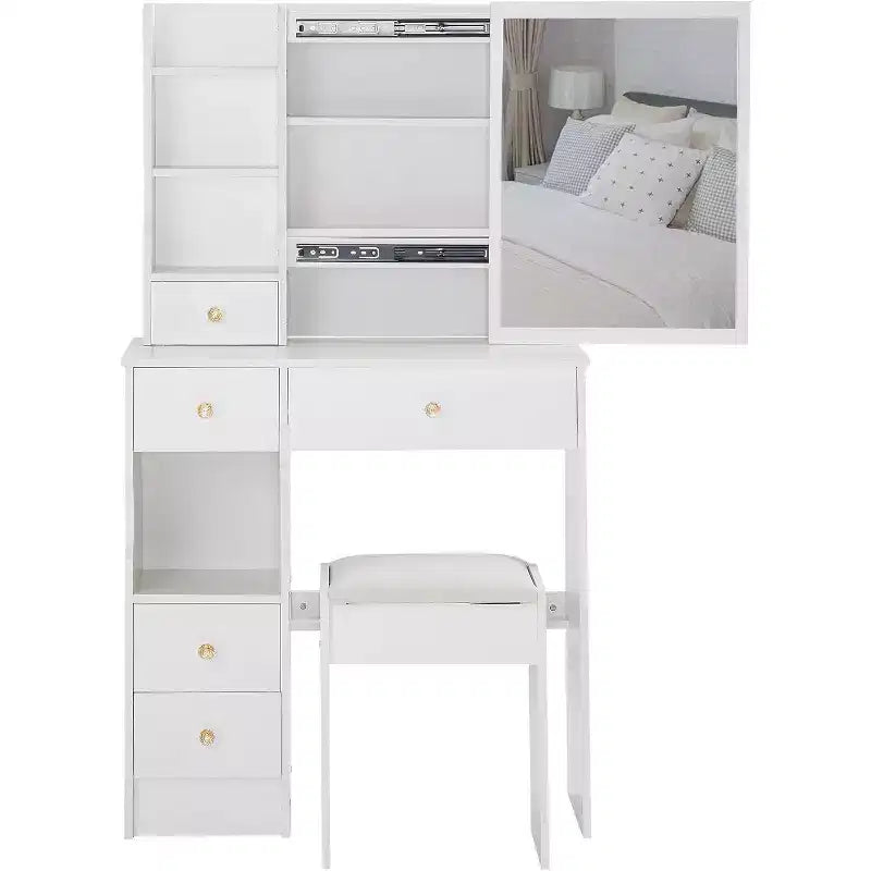 Coiffeuse avec tabouret rembourré, miroir coulissant et rangements multi-niveaux