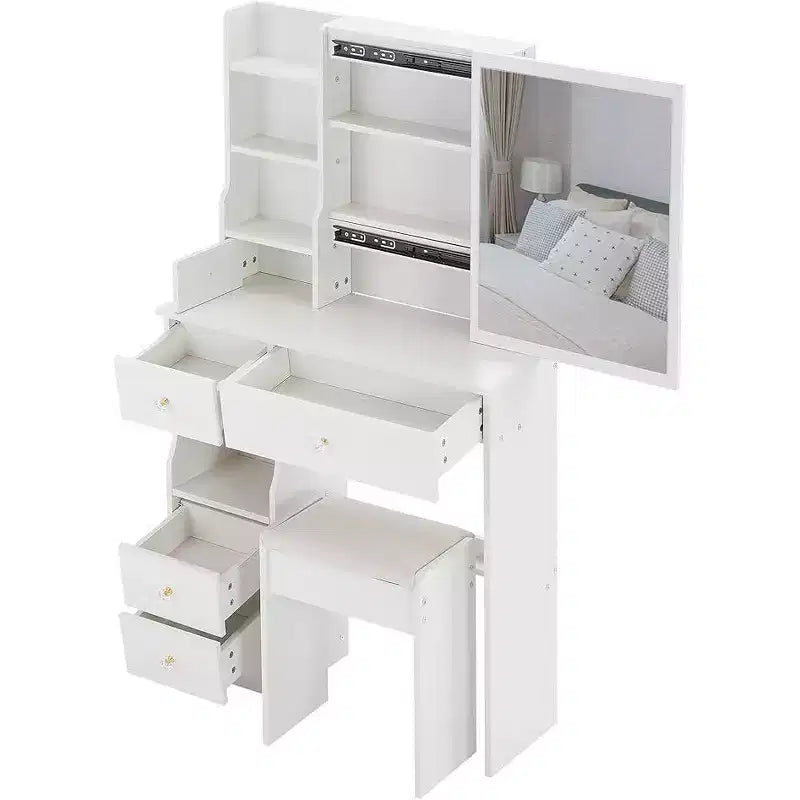 Coiffeuse avec tabouret rembourré, miroir coulissant et rangements multi-niveaux