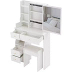 Coiffeuse avec tabouret rembourré, miroir coulissant et rangements multi-niveaux