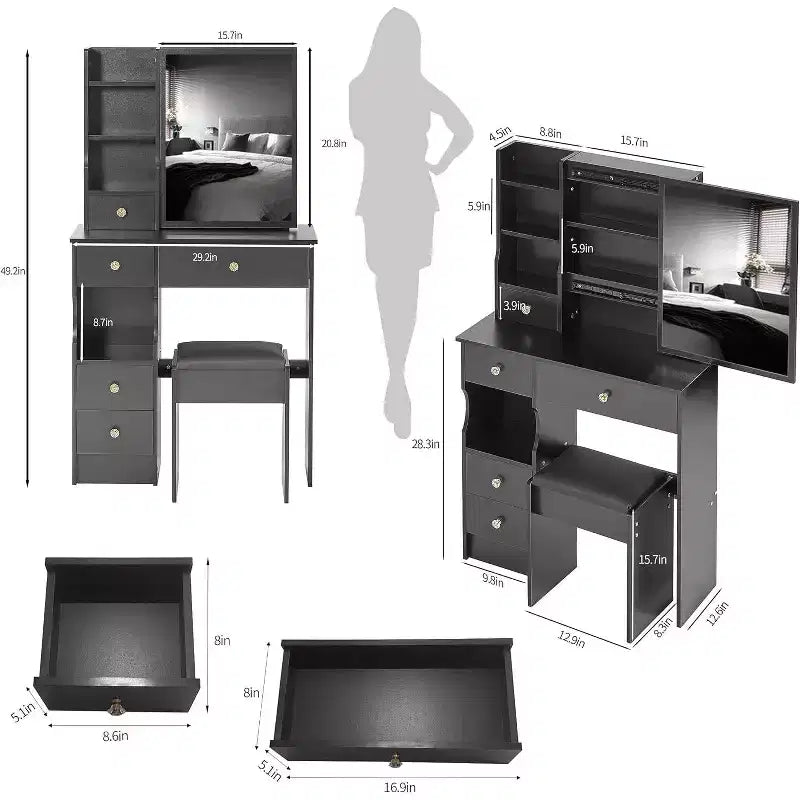 Coiffeuse avec tabouret rembourré, miroir coulissant et rangements multi-niveaux