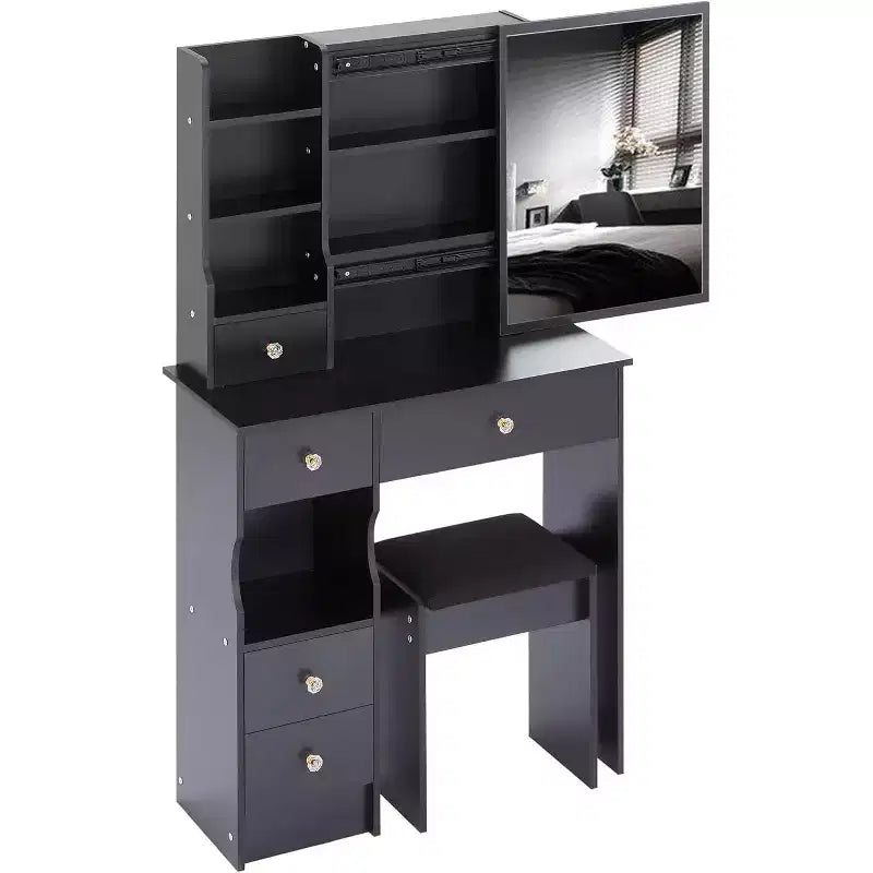 Coiffeuse avec tabouret rembourré, miroir coulissant et rangements multi-niveaux