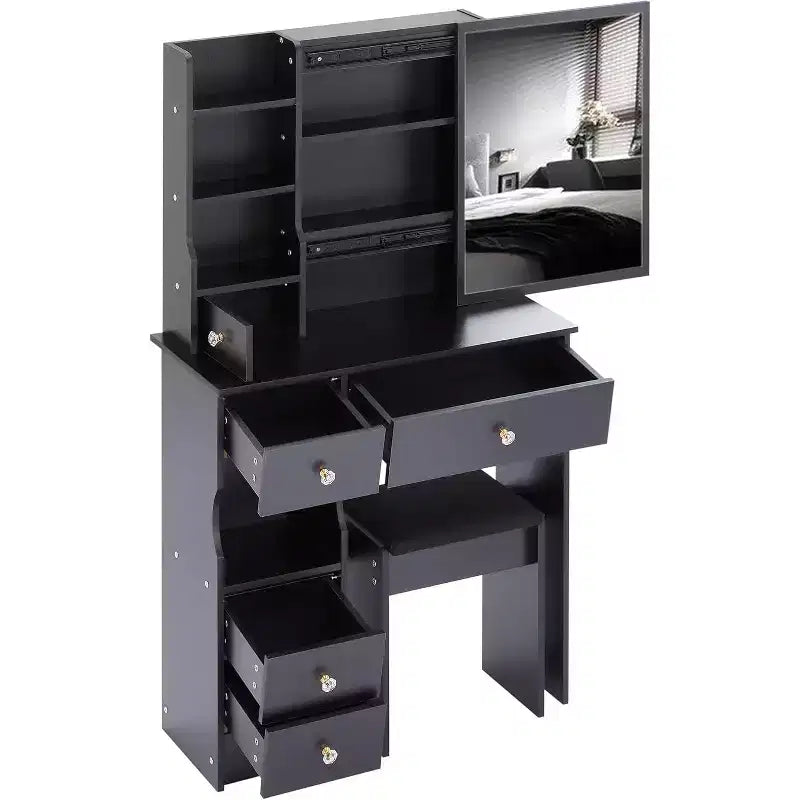 Coiffeuse avec tabouret rembourré, miroir coulissant et rangements multi-niveaux