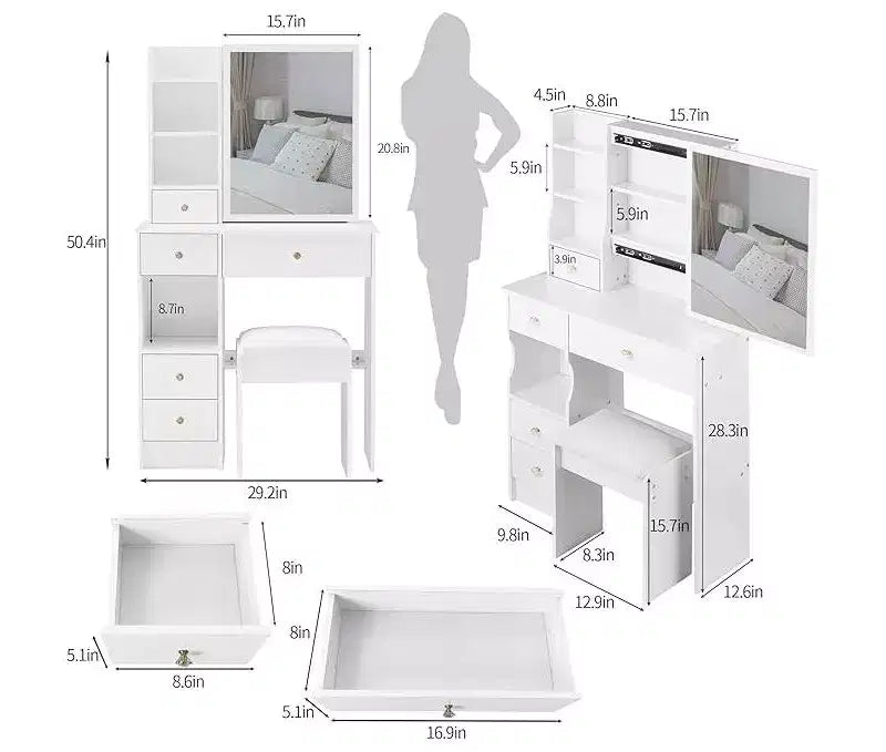 Coiffeuse avec tabouret rembourré, miroir coulissant et rangements multi-niveaux