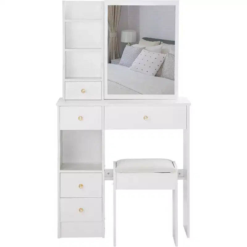 Coiffeuse avec tabouret rembourré, miroir coulissant et rangements multi-niveaux