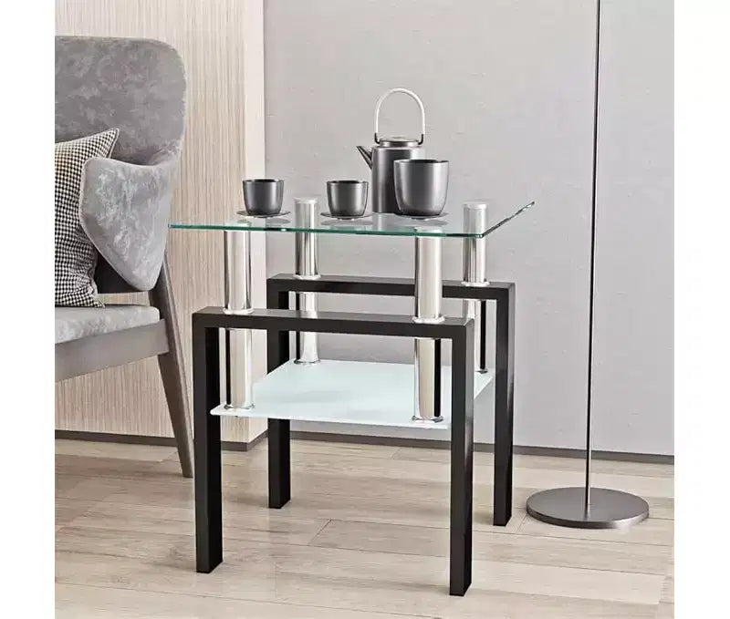 Table Basse Moderne, Table d'Appoint Centrale en Verre Trempé, Table Basse à 2 Niveaux avec Étagère de Rangement, Table Carrée pour Salon, Bureau à Domicile, Petit Espace