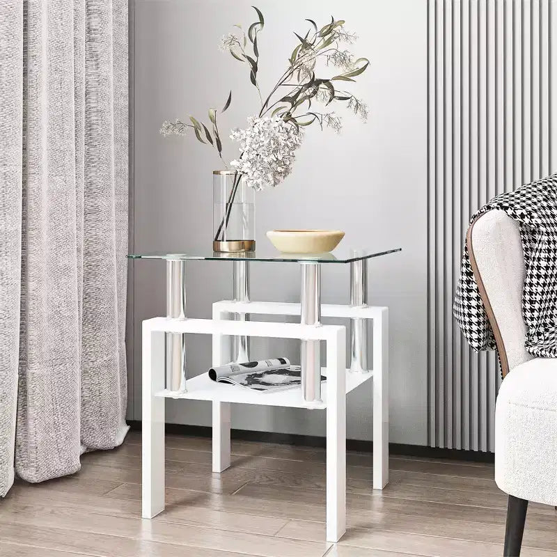Table Basse Moderne, Table d'Appoint Centrale en Verre Trempé, Table Basse à 2 Niveaux avec Étagère de Rangement, Table Carrée pour Salon, Bureau à Domicile, Petit Espace
