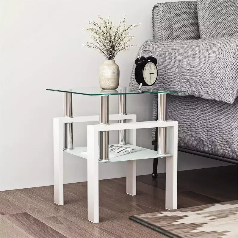 Table Basse Moderne, Table d'Appoint Centrale en Verre Trempé, Table Basse à 2 Niveaux avec Étagère de Rangement, Table Carrée pour Salon, Bureau à Domicile, Petit Espace