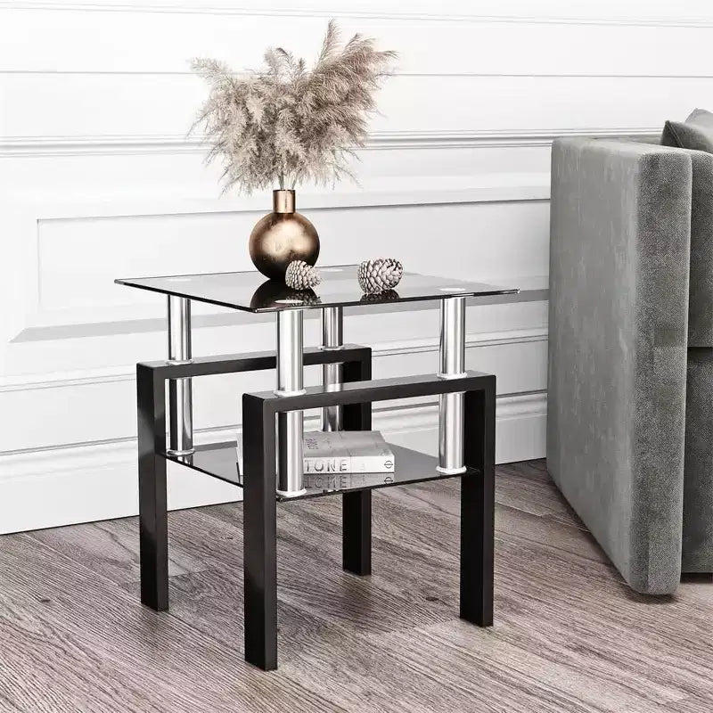 Table Basse Moderne, Table d'Appoint Centrale en Verre Trempé, Table Basse à 2 Niveaux avec Étagère de Rangement, Table Carrée pour Salon, Bureau à Domicile, Petit Espace