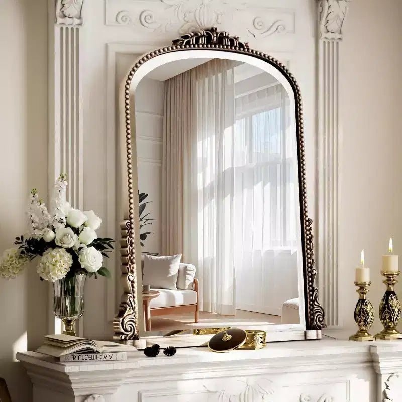 Miroir mural 40x28, miroir à perles arqué avec cadre en métal, miroir décoratif de salle de bain pour entrée, chambre ou salon
